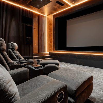 Discover a cozy home theater featuring plush recliners and ambient lighting, perfect for an immersive cinematic experience in a modern setting.