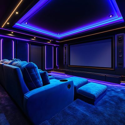 A sleek and modern home theater room featuring a large projection screen, plush seating, and vibrant blue and purple LED lighting. The room is designed for immersive entertainment experiences with a high-quality audio system and comfortable seating. The blue and purple lighting adds a dramatic and futuristic touch to the space, creating a luxurious and inviting atmosphere.