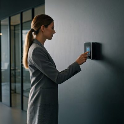 A,Business,Lady,Standing,In,Front,Of,A,Face,Recognition