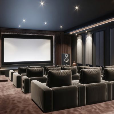 sophisticated home cinema room with spacious, plush seating arranged for optimal viewing of a large projection screen.